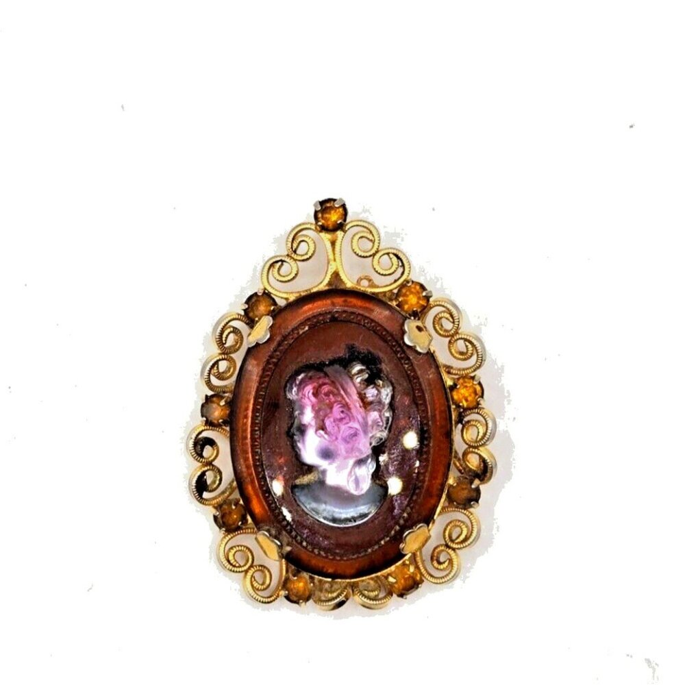 Vintage D & E  Juliana Amber Glass Metallic Cameo Pendant Brooch ETC8018 Book